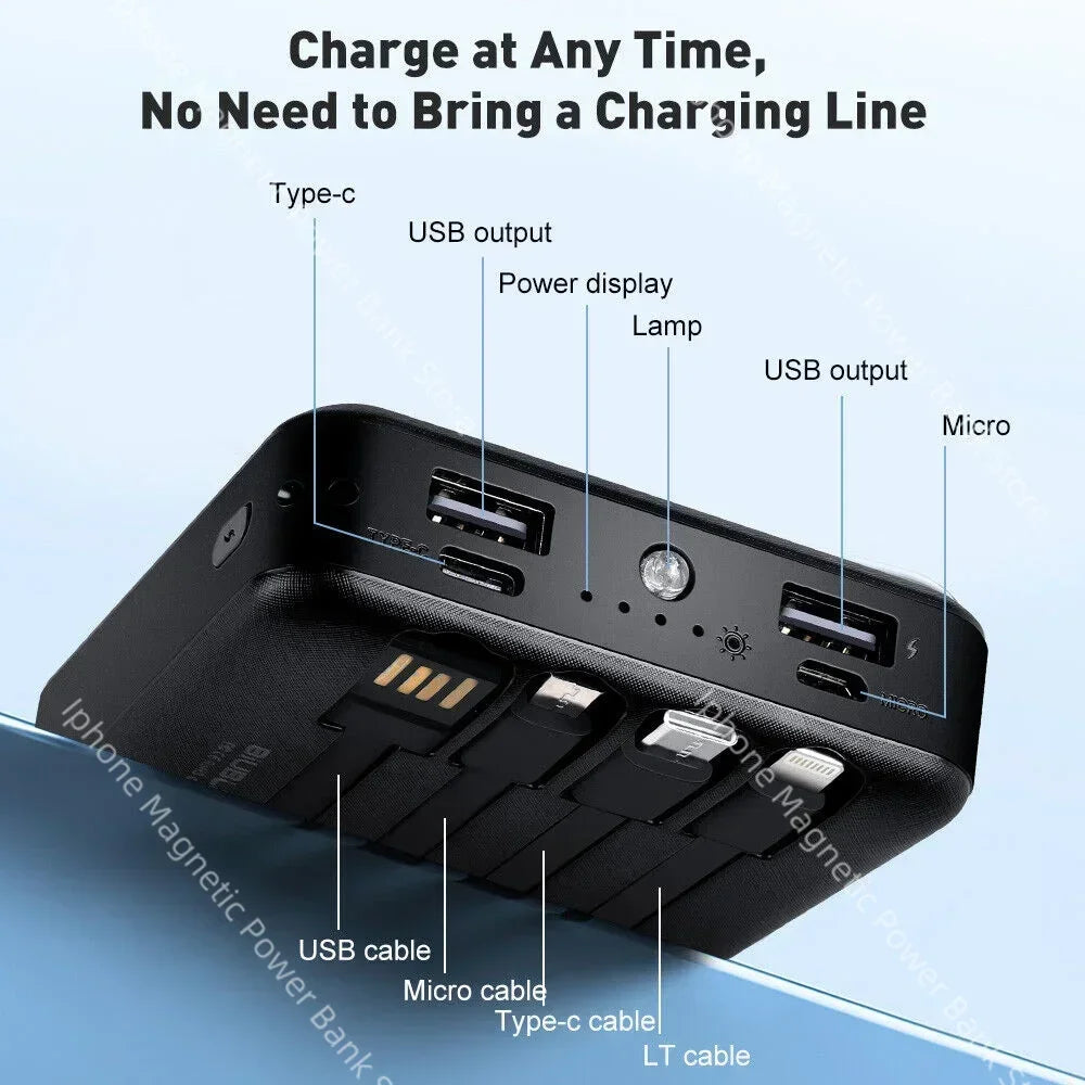 Portable Solar Power Bank 10k/30k/50k mAh - Built-in Cables, 5-Device Fast Charging, LED — for iPhone/Samsung/Xiaomi