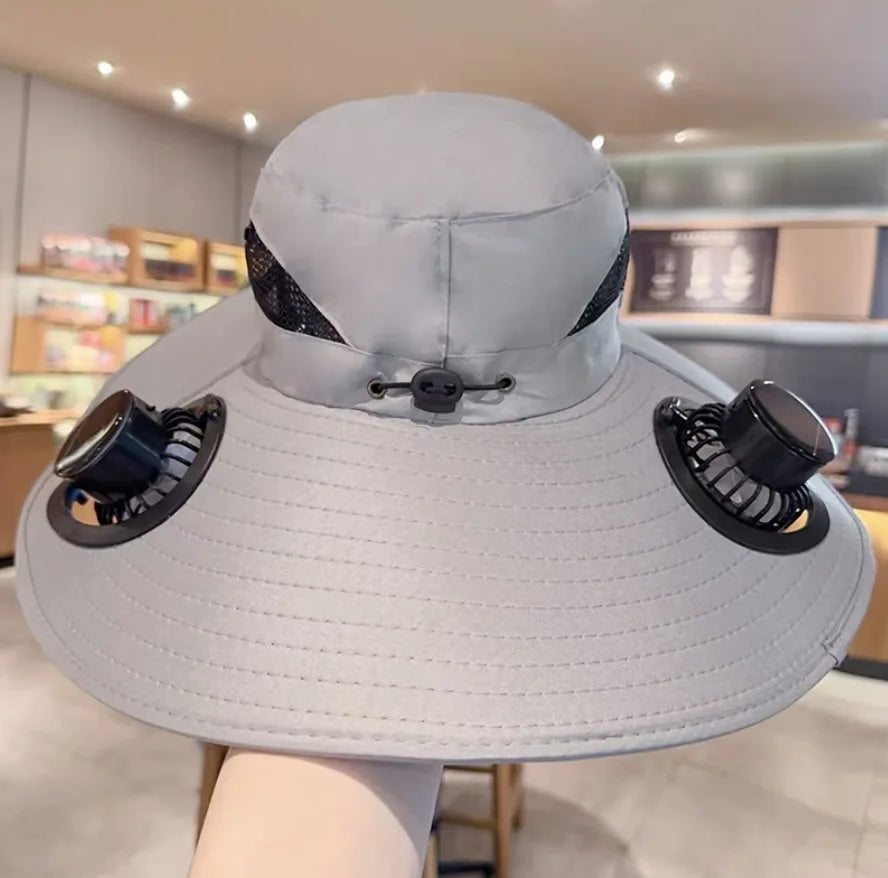 Men's Solar Fan Sun Hat – Wide Brim Quick-Dry Outdoor Cooling Hat with Dual Fans for Hiking, Fishing, Camping