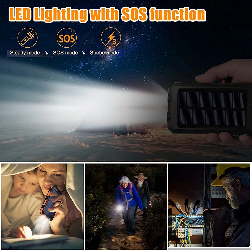 TSolar 80000mAh Solar Power Bank, LED lighting with SOS offers steady, SOS, and strobe modes for versatile outdoor use.