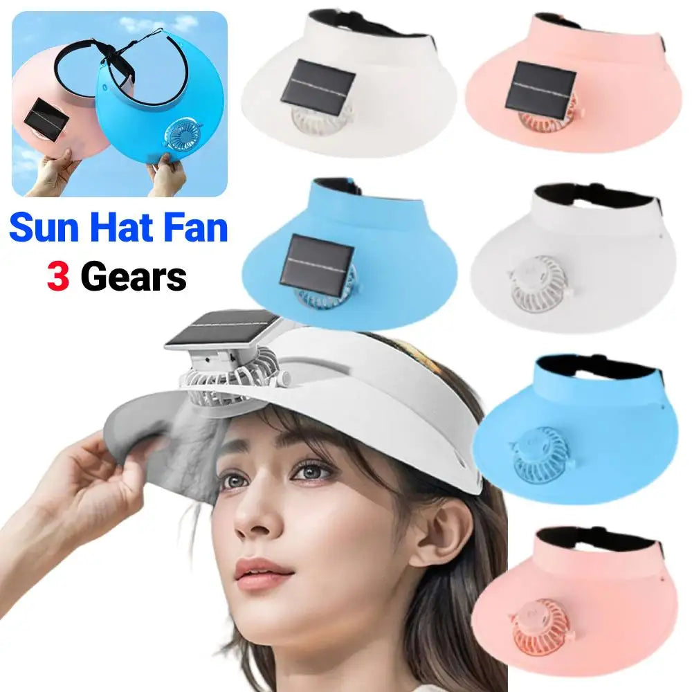 Women's Solar Fan Visor Hat – UV Protection Cooling Cap with USB Rechargeable Fan, 3-Speed Breathable Summer Sun Hat for Outdoor, Beach, Travel