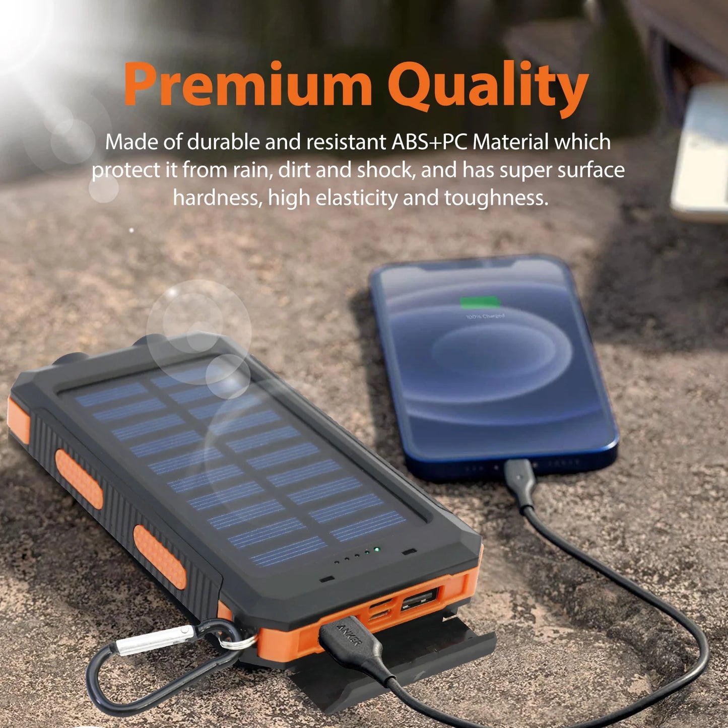 High-quality solar power bank with 20000mAh capacity, waterproof, dual USB ports, LED flashlight, and compass.