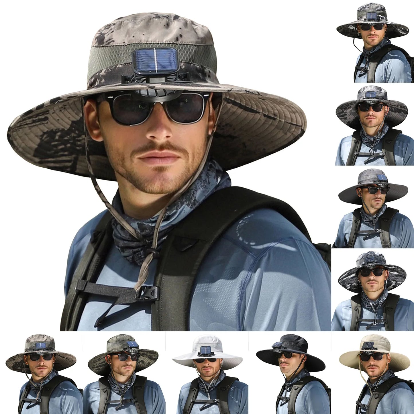 Men’s Solar Powered Wide Brim Sun Hat – Outdoor Fishing Hat with USB Charging Fan, Breathable Waterproof Fabric, UV Protection