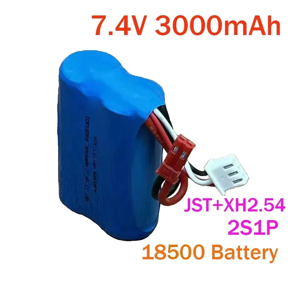 7.4V 3000mAh 2S1P 18500 Lipo Battery, 7.4V 3000mAh LiPo battery pack with JST and XH2.54 connectors, suitable for RC boats and toy cars.