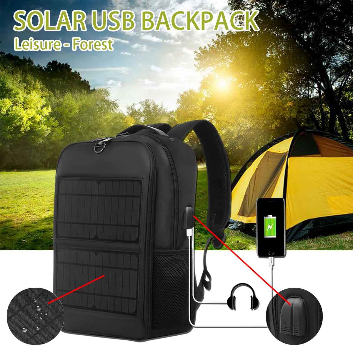 Solar USB backpack for leisure in forest, charges devices via dual USB ports.