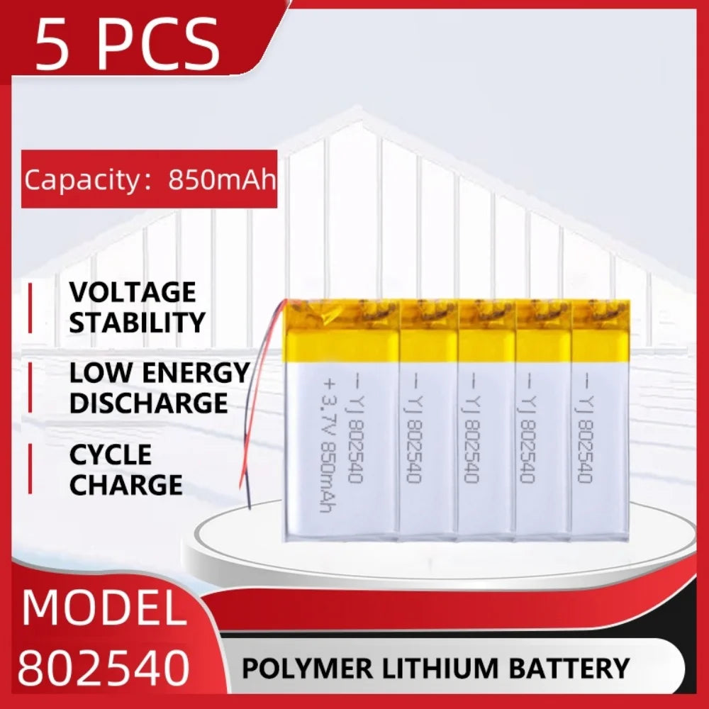 5-pack 3.7V 850mAh polymer lithium batteries with voltage stability, low energy discharge, and rechargeable cycle performance.
