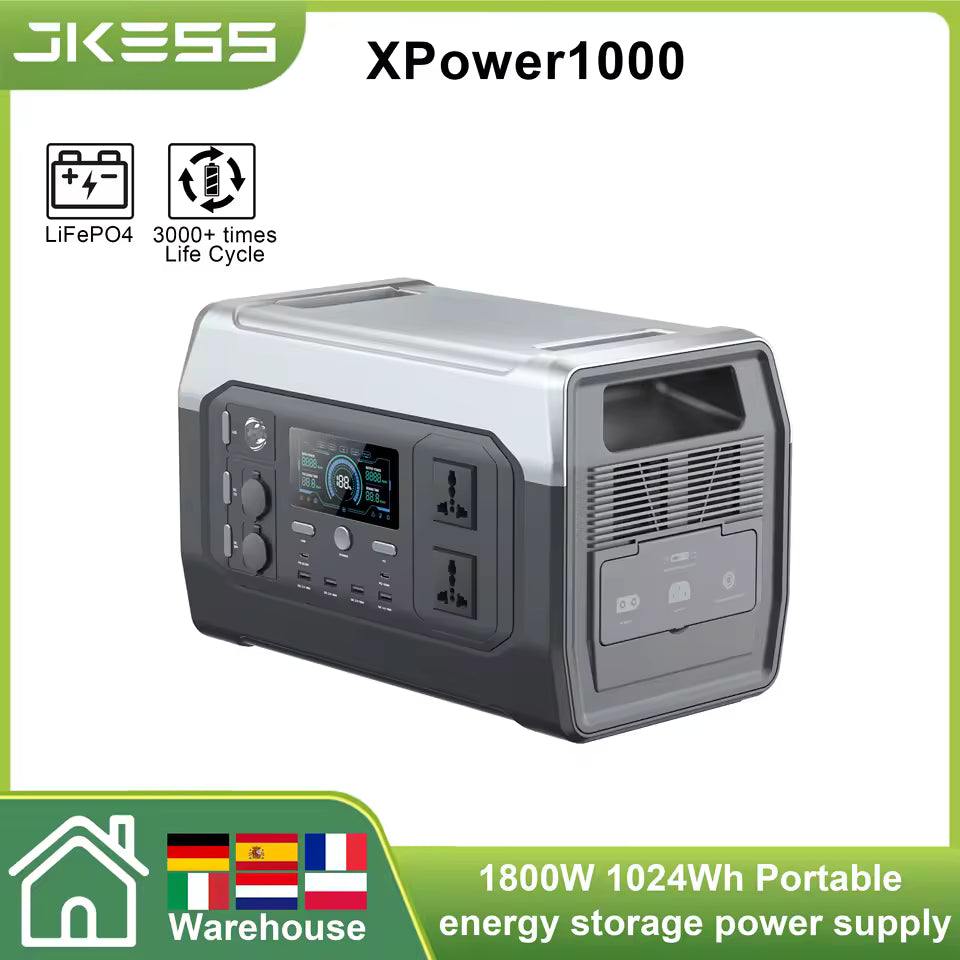 Portable power station with LiFePO4 battery, 1800W, 1024Wh capacity.