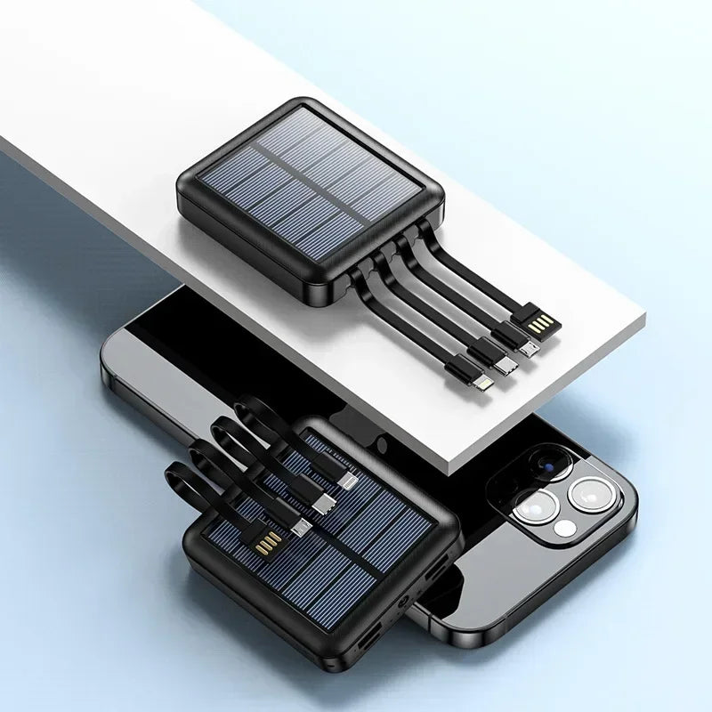 Portable Solar Power Bank 10k/30k/50k mAh - Built-in Cables, 5-Device Fast Charging, LED — for iPhone/Samsung/Xiaomi