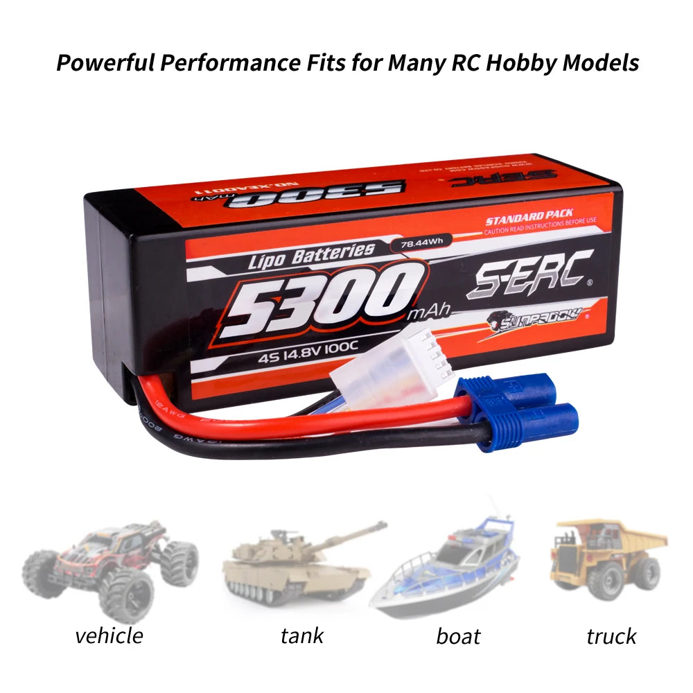 SUNPADOW Lipo Battery, 5300mAh 4S 14.8V 100C LiPo battery with EC5 plug, ideal for high-performance RC vehicles, tanks, boats, and trucks.