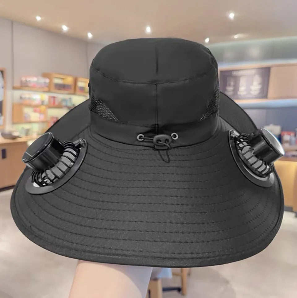 Men's Solar Fan Sun Hat – Wide Brim Quick-Dry Outdoor Cooling Hat with Dual Fans for Hiking, Fishing, Camping