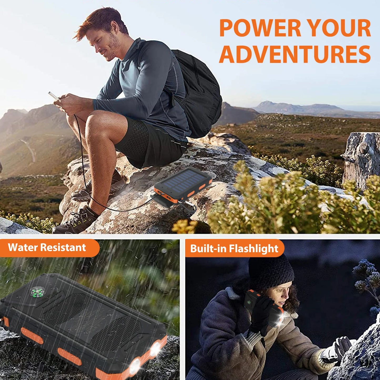 Power your adventures with waterproof solar power bank, dual USB, flashlight, and compass.