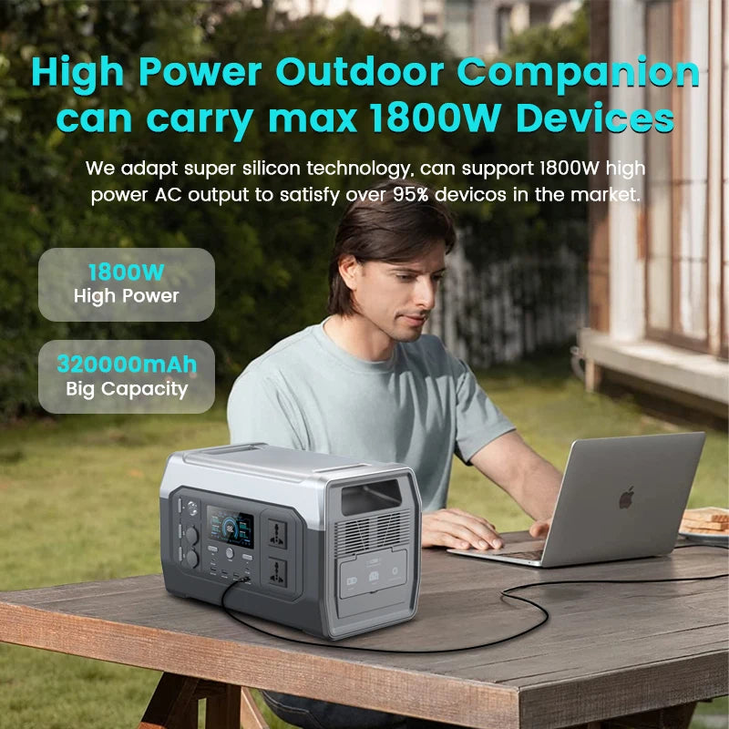 A portable generator with 1800W output, 320000mAh capacity, supports AC devices, perfect for outdoor and emergency use.