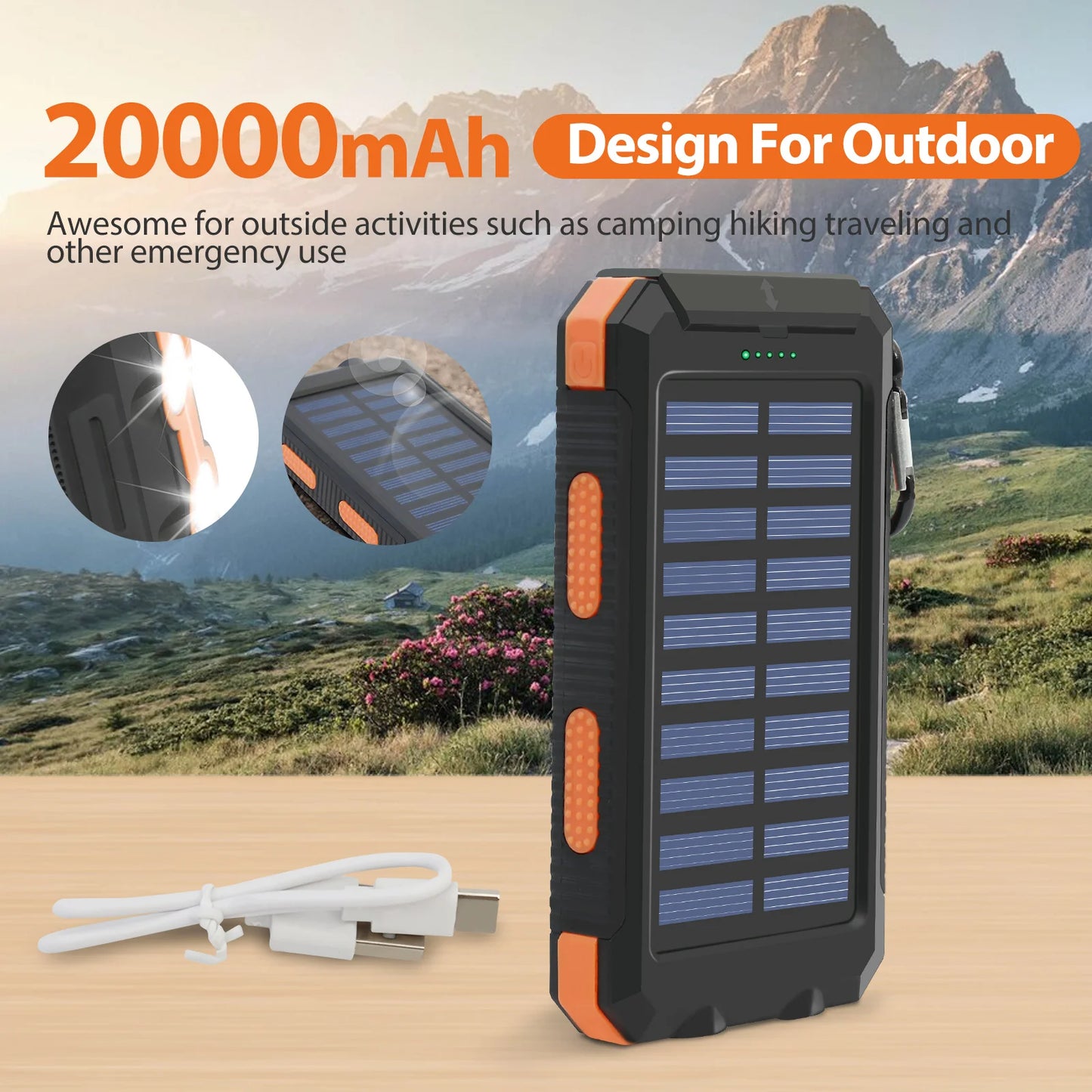 20000mAh solar power bank with waterproof outdoor design, dual USB, LED flashlight, compass, perfect for camping, hiking, travel, and emergencies.