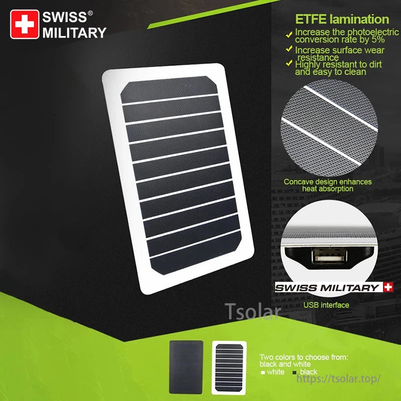 Swiss Military solar backpack with ETFE lamination, USB interface, concave design, and available in black/white. Fits 16-inch devices.