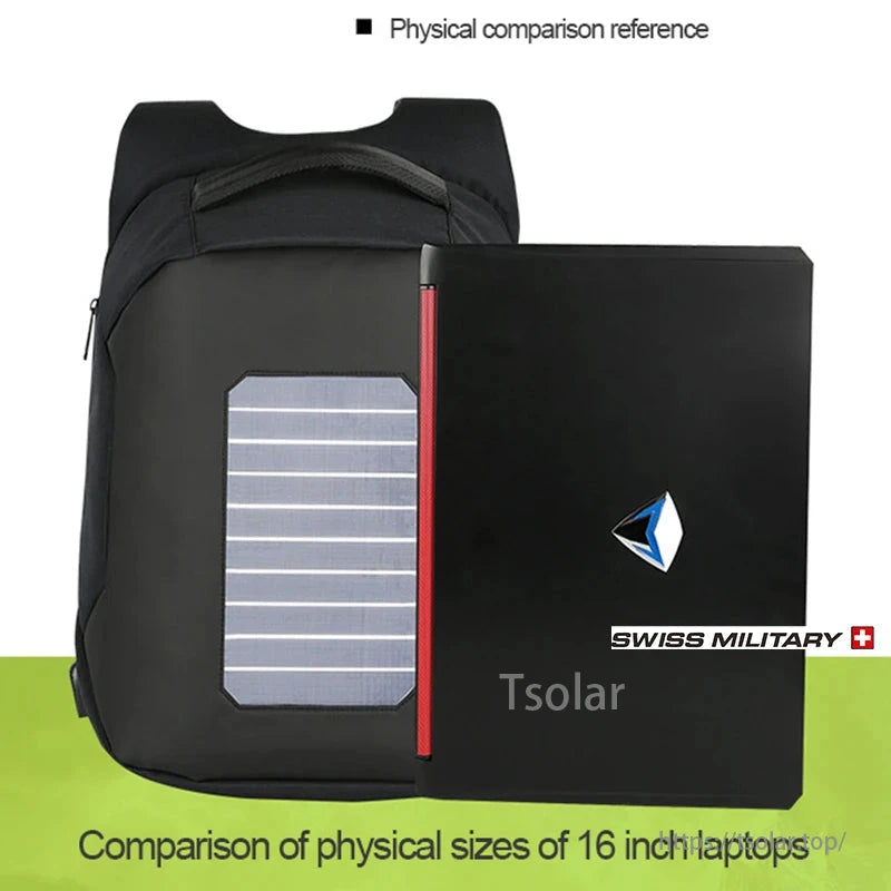 Solar Charging Anti-Theft Laptop Backpack for 16-inch devices, with solar panel, Swiss Military branding, ideal for travel, business, commute, and college.