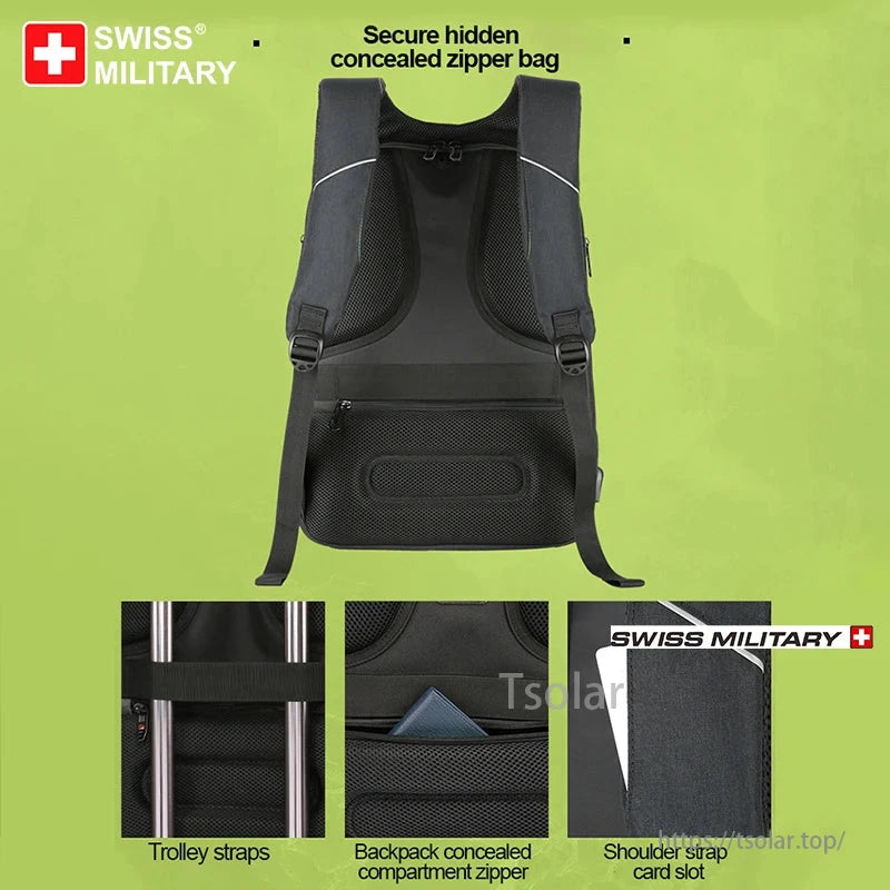 Swiss Military anti-theft laptop backpack features trolley straps, concealed zipper, and card slot for secure travel.