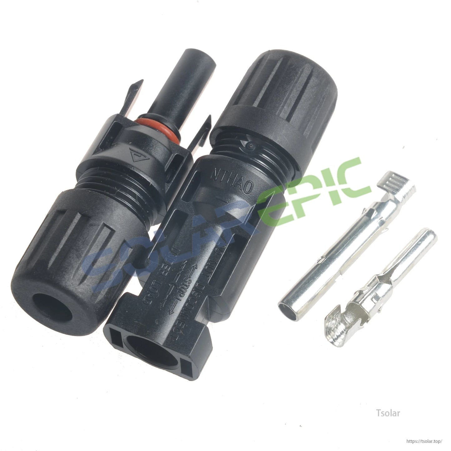 MC4-style solar panel cable connector set with male and female black housings and metal crimp pins