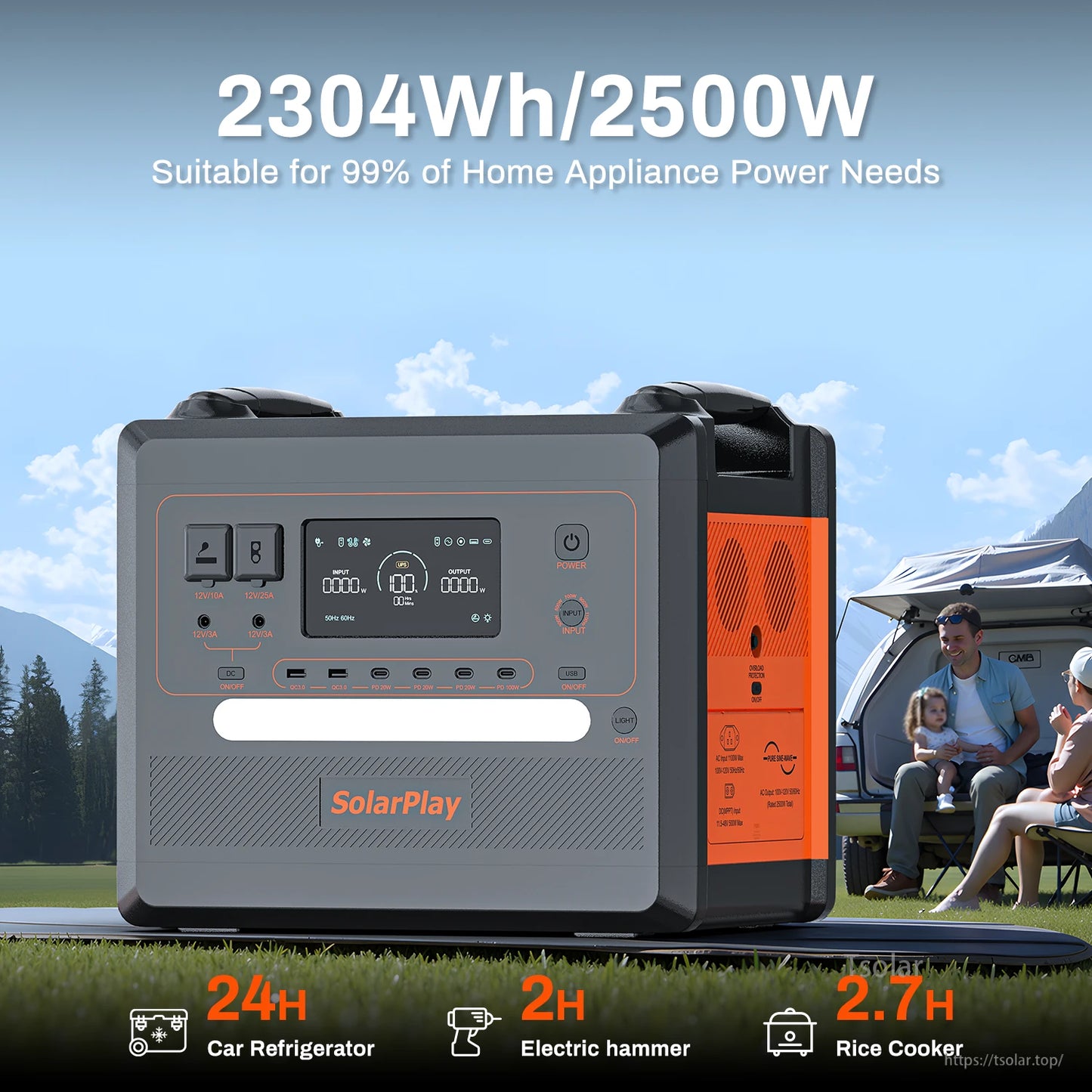 SolarPlay Q2402M Portable Power Station, SolarPlay Q2402M: 2304Wh LiFePO4 power station, 2500W output, 12 ports, 0.08s UPS, runs fridge, tools, and appliances; ideal for portable power needs.