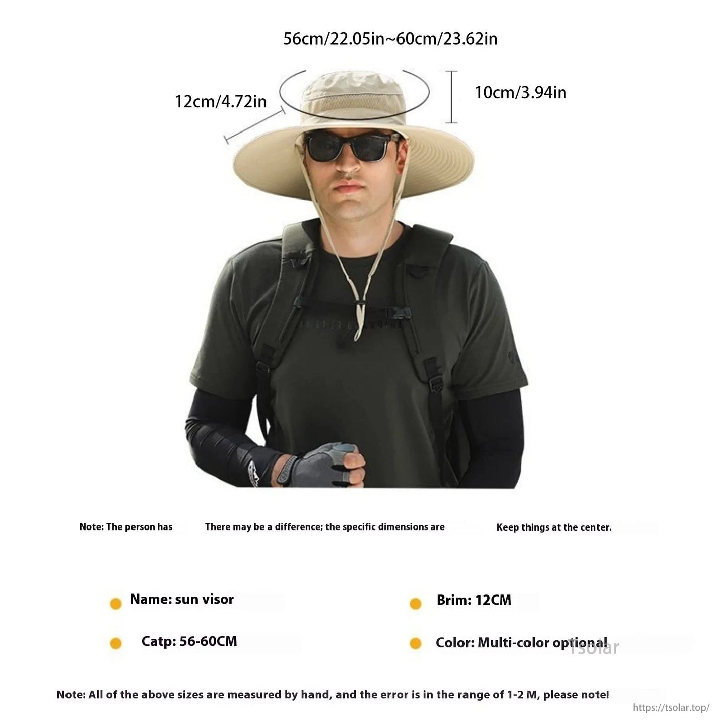 Men’s Solar Powered Wide Brim Sun Hat, Solar-powered sun hat for men, featuring a USB fan, waterproof fabric, UV protection, adjustable size (56-60 cm), 12 cm brim, and chin strap. Available in multiple colors for outdoor comfort.