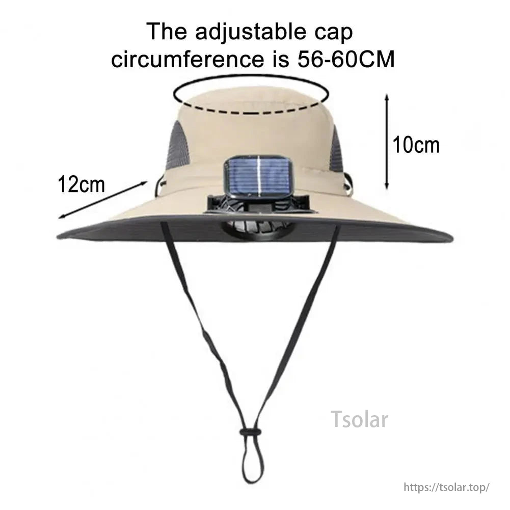 Unisex Solar Fan Sun Hat, Solar fan hat, wide brim, dual fans, USB/solar recharge, waterproof mesh, adjustable size, ideal for fishing, hiking, gardening.