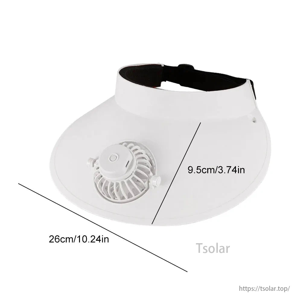 Women's Solar Fan Visor Hat with UV protection and cooling fan, USB rechargeable, perfect for outdoor activities. Size: 26cm x 9.5cm.
