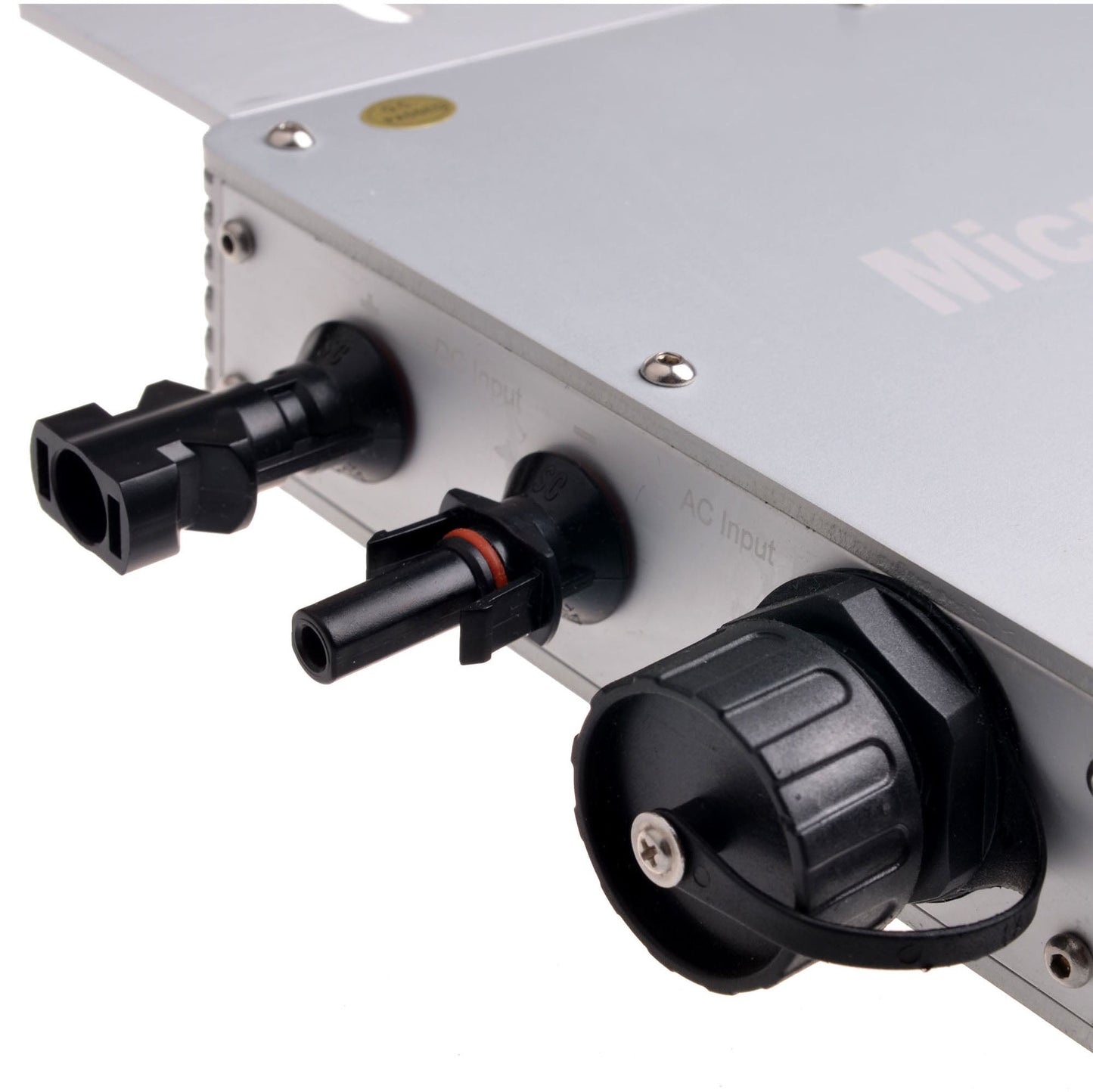 MPPT 600W Waterproof Grid Tie Inverter, Close-up of waterproof grid-tie inverter with DC input connectors and sealed AC input cable gland