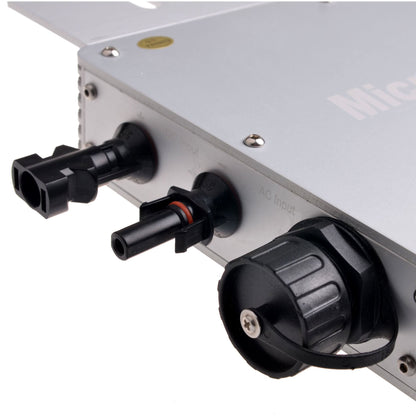 MPPT 600W Waterproof Grid Tie Inverter, Close-up of waterproof grid-tie inverter with DC input connectors and sealed AC input cable gland