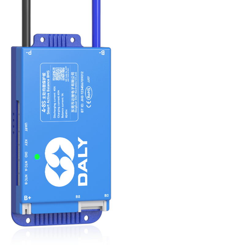 Daly Smart Active Balance BMS module close-up, blue case with B+ and B0 terminals and antenna leads