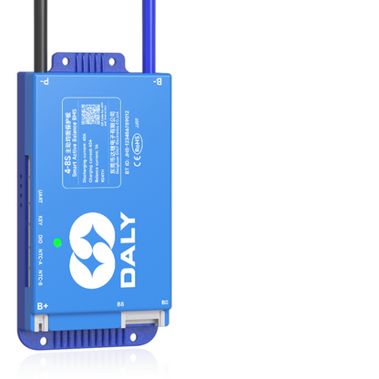 Daly Smart Active Balance BMS module close-up, blue case with B+ and B0 terminals and antenna leads