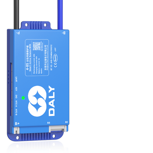Daly Smart Active Balance BMS module close-up, blue case with B+ and B0 terminals and antenna leads