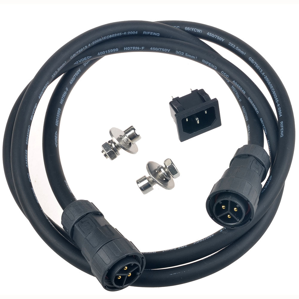 MPPT 600W Waterproof Grid Tie Inverter, Waterproof power cable with two round 3‑pin connectors, IEC inlet, and mounting hardware for grid-tie inverter