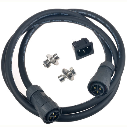 MPPT 600W Waterproof Grid Tie Inverter, Waterproof power cable with two round 3‑pin connectors, IEC inlet, and mounting hardware for grid-tie inverter