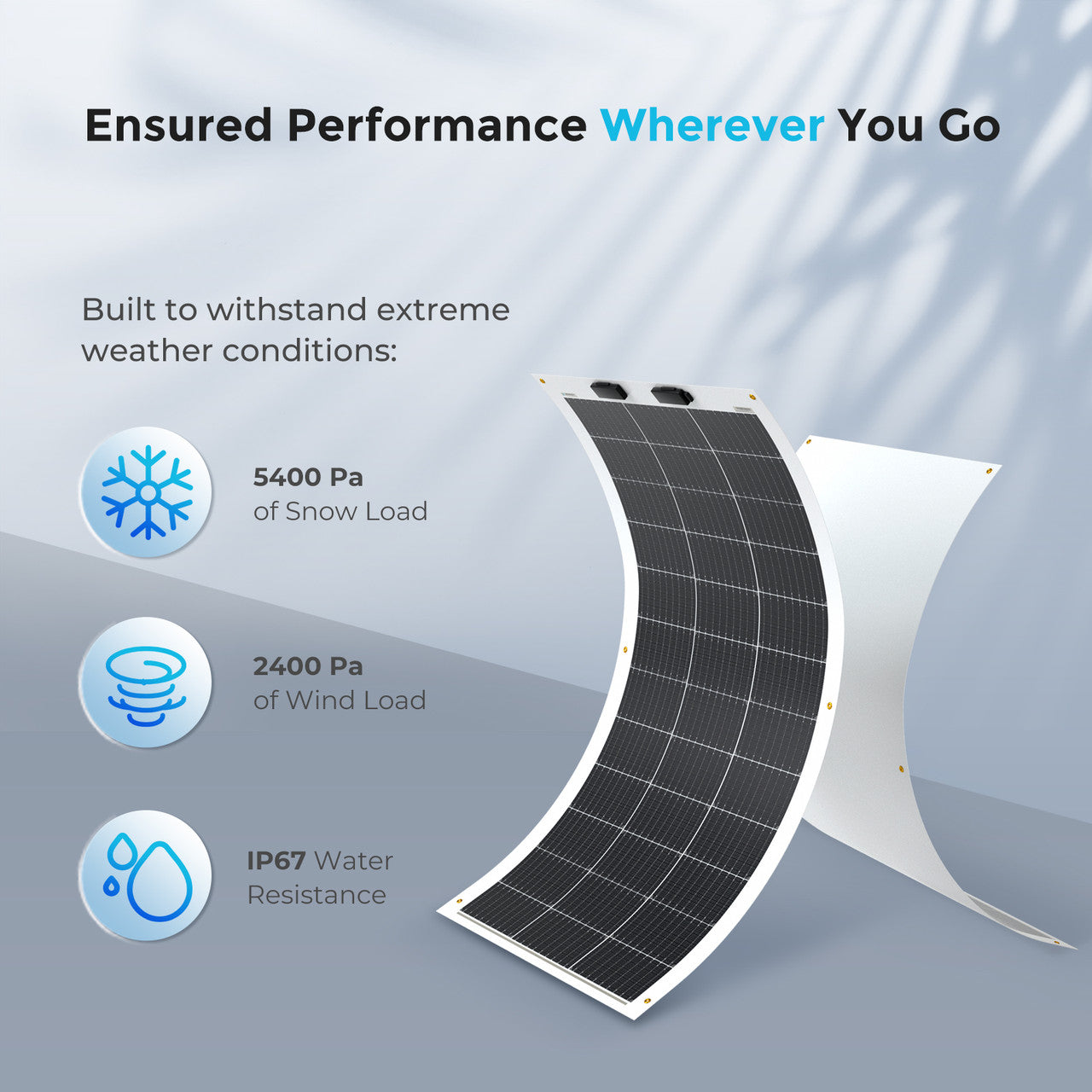 Renogy 100W Solar Panel, Device designed for reliable performance in extreme weather conditions, withstanding snow loads and wind pressures while resisting water.