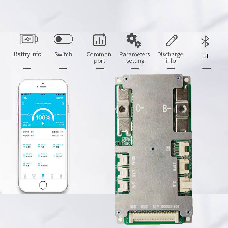 JBD OH17SA01 Smart BMS with Bluetooth app screen icons for battery info, switch, settings and discharge