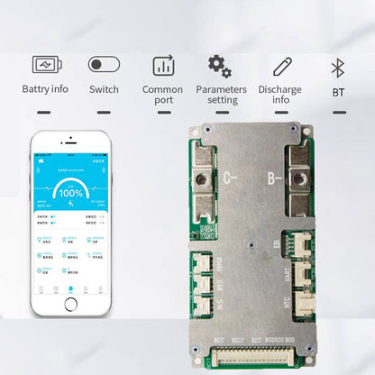 JBD OH17SA01 Smart BMS with Bluetooth app screen icons for battery info, switch, settings and discharge
