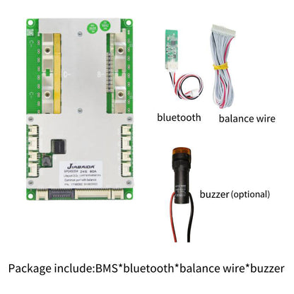 Package contents: BMS board, Bluetooth module, balance wire harness, and optional buzzer shown