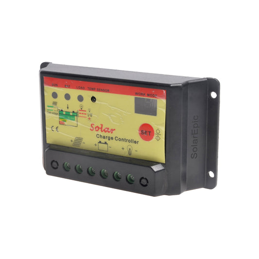 SolarEpic 20A Solar Charge Controller, SolarEpic solar charge controller with LCD screen, set button, status LEDs, and six screw terminals