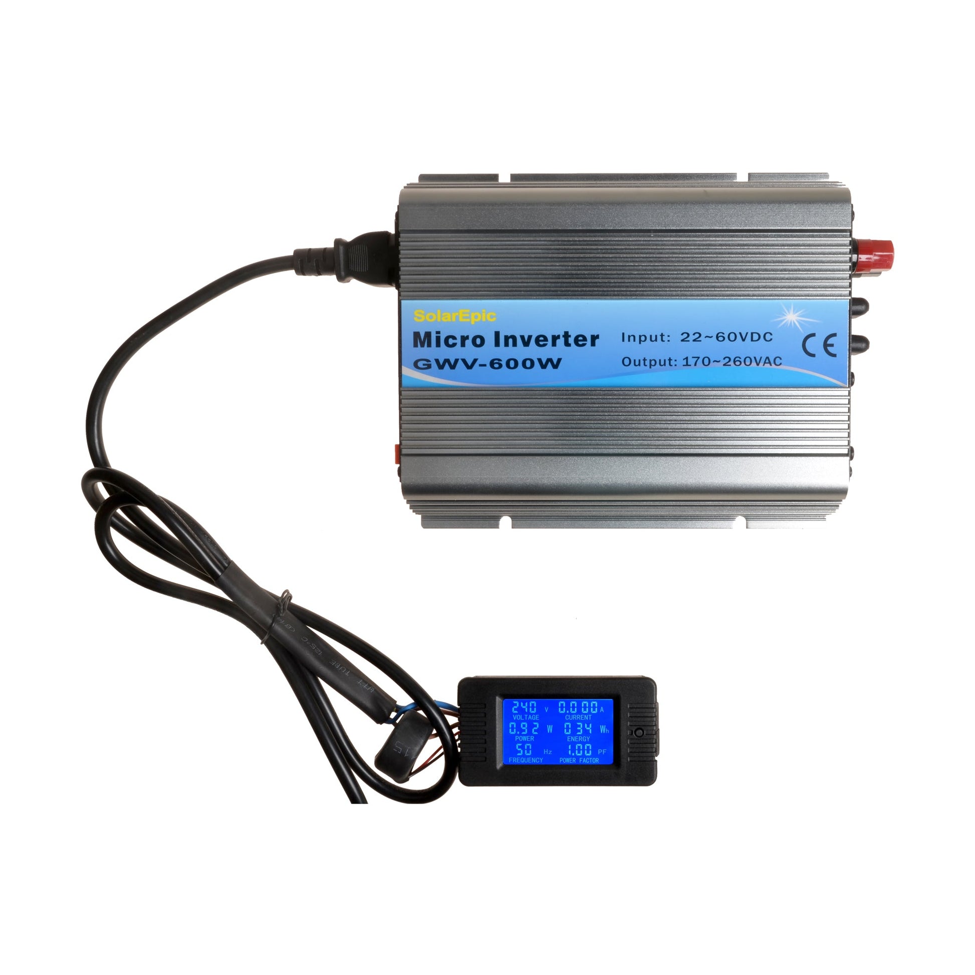 AC Cable LCD Remote Meter, SolarEpu GWV-600W micro inverter with wired blue LCD remote meter, labeled 22–60VDC input and 170–260VAC output