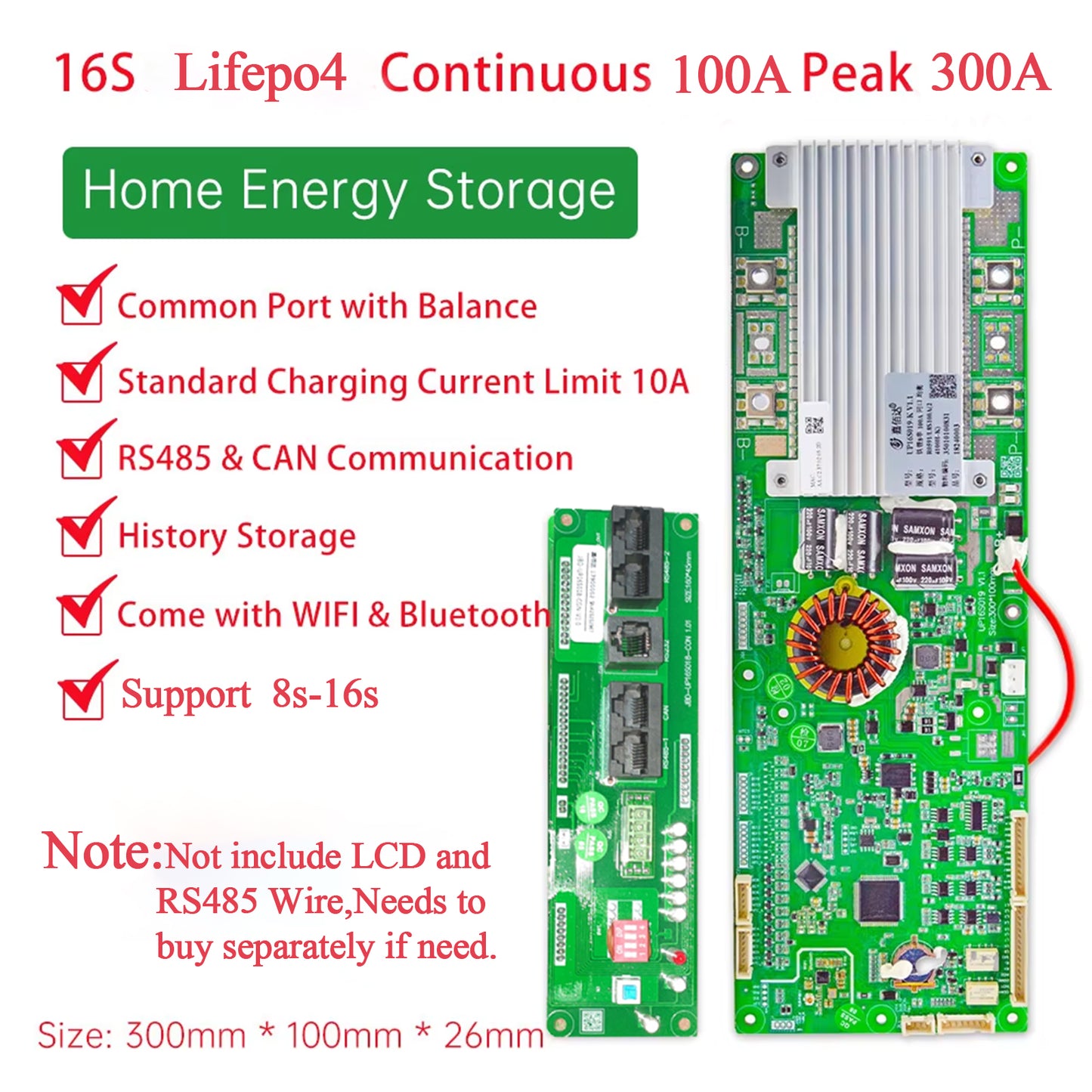 16S LiFePO4 100A continuous 300A peak BMS feature chart with RS485/CAN and WiFi/Bluetooth noted