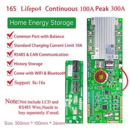 16S LiFePO4 100A continuous 300A peak BMS feature chart with RS485/CAN and WiFi/Bluetooth noted