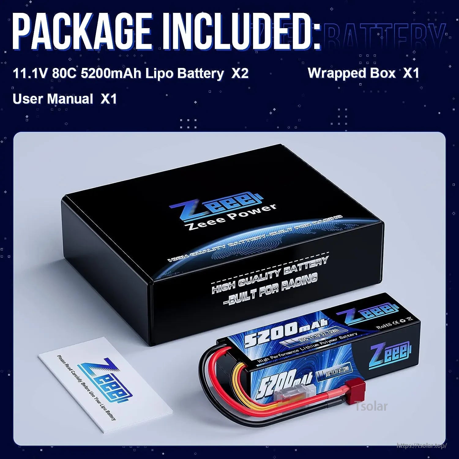 1/2pcs Zeee 3S 5200mAh LiPo Battery, Zeee Power 11.1V 80C 5200mAh LiPo batteries, sold in pairs, offer high performance for RC racing, featuring safety certifications, durable design, and clear specs on dynamic blue-white packaging.