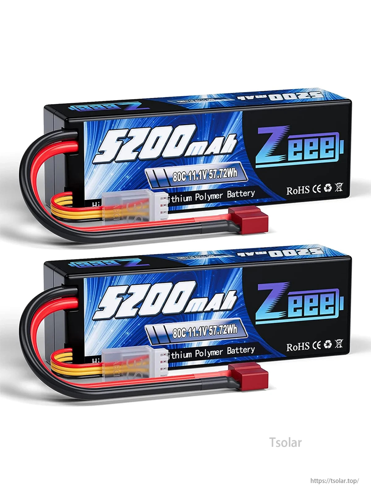 1/2pcs Zeee 3S 5200mAh LiPo Battery, Zeee 5200mAh 3S LiPo battery, 11.1V 80C, RoHS CE certified, includes red/black connectors and balance plug, ideal for high-performance devices.