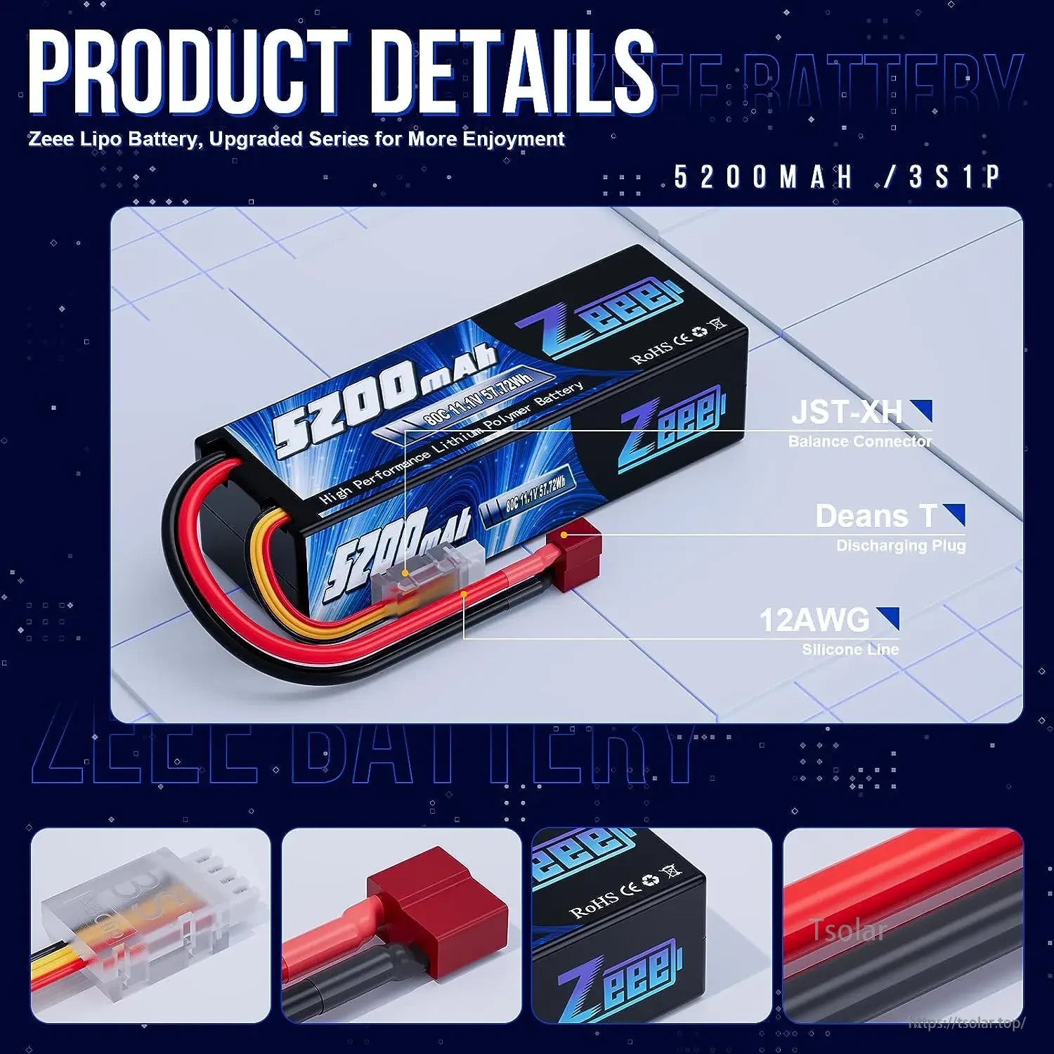 1/2pcs Zeee 3S 5200mAh LiPo Battery, Zeee 5200mAh 3S1P 11.1V 30C LiPo battery with JST-XH, Deans T plug, 12AWG silicone wire, ROHS and CE certified for high-performance use.