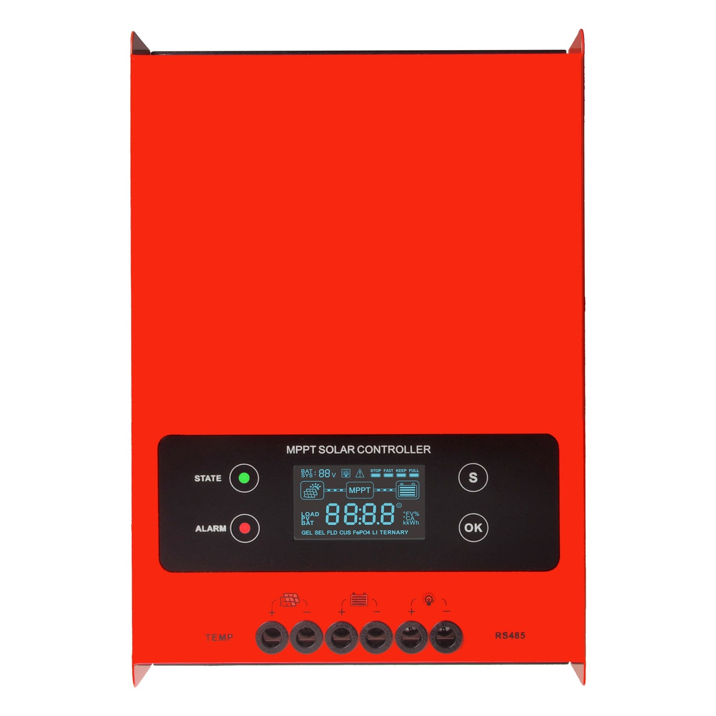 Front view of ESMART ESF48H60 MPPT solar charge controller with LCD display, status LEDs, buttons, and wiring terminals