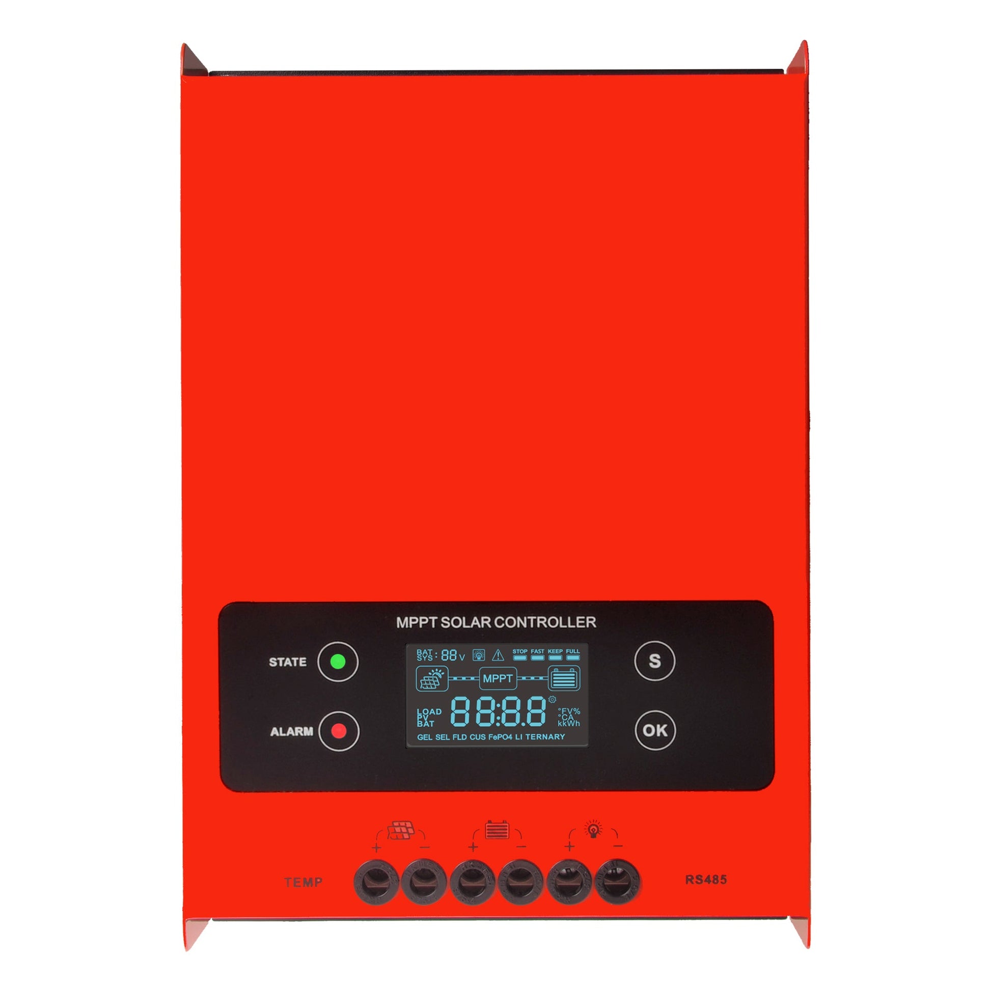 Front view of ESMART ESF48H60 MPPT solar charge controller with LCD display, status LEDs, buttons, and wiring terminals