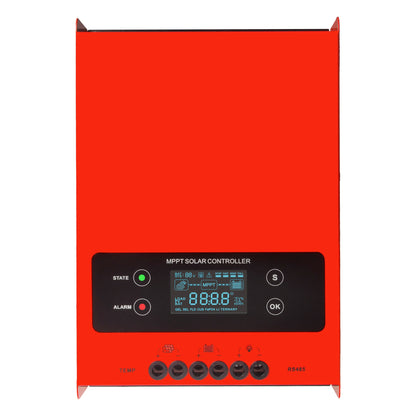 Front view of ESMART ESF48H60 MPPT solar charge controller with LCD display, status LEDs, buttons, and wiring terminals