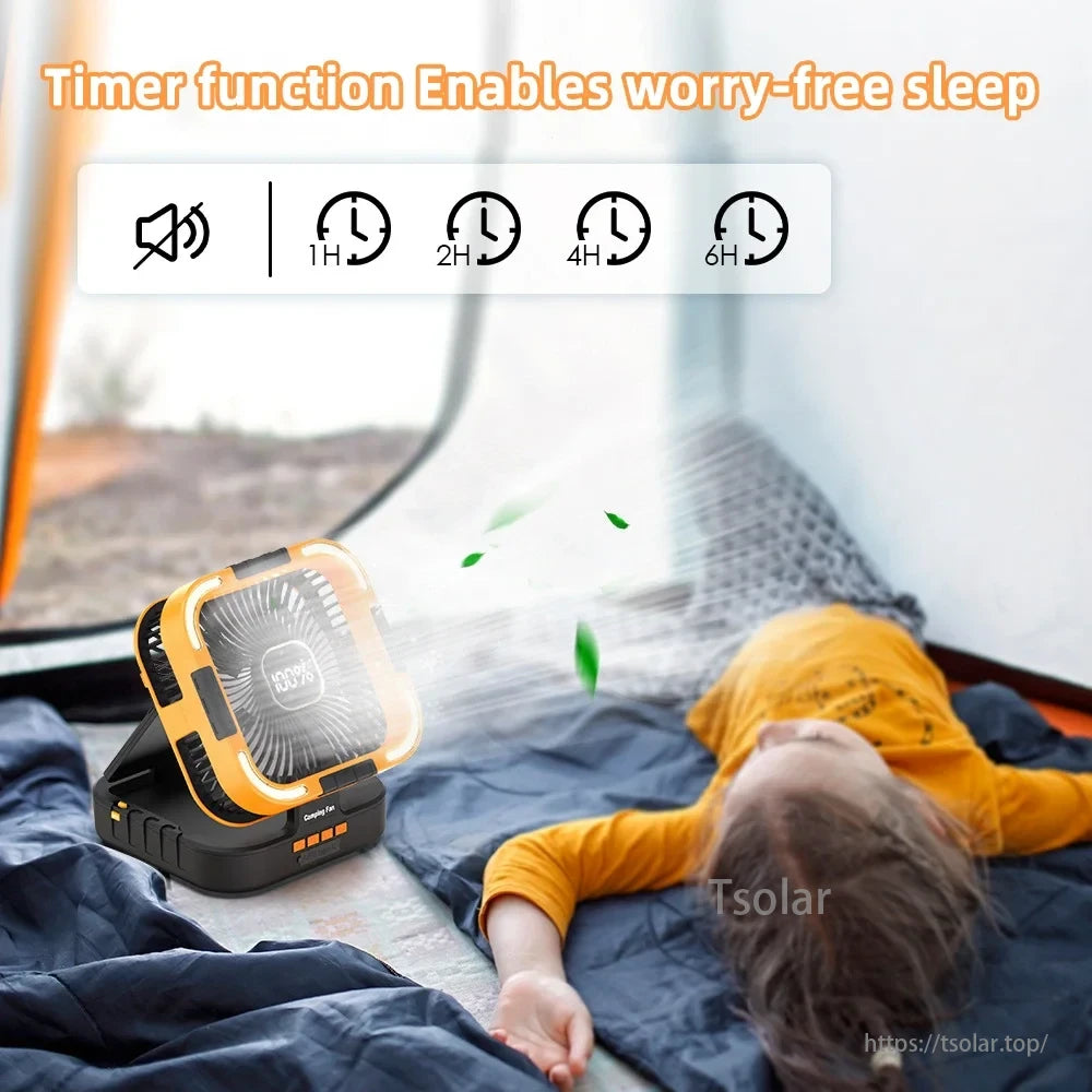 10000mAh Solar Camping Fan, The Solar Camping Fan has a 10,000mAh battery, timer for sleep up to 6 hours, and compact design for portability.