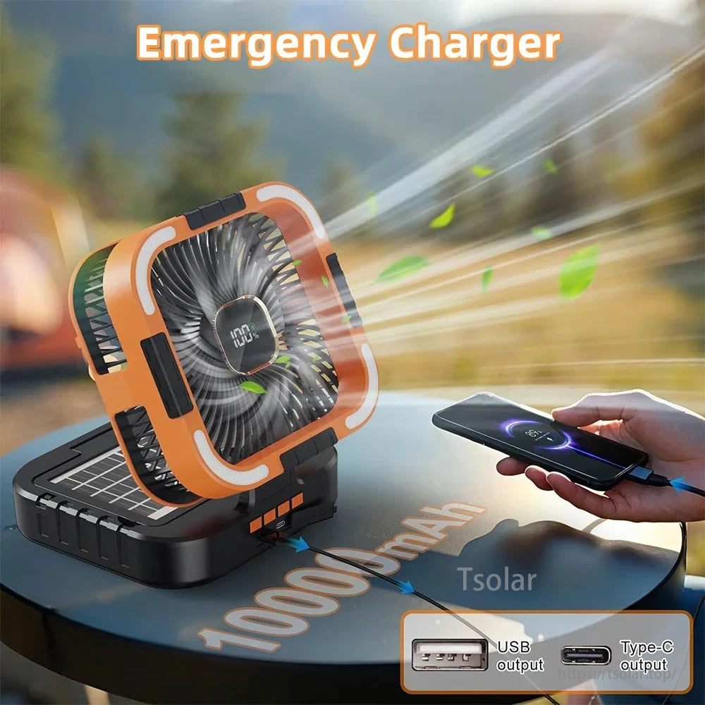 10000mAh Solar Camping Fan, Solar camping fan with 10000mAh battery, USB and Type-C outputs, emergency charger.