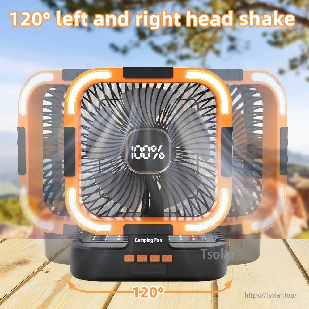 10000mAh Solar Camping Fan, Long-lasting battery offers 3.5 to 24 hours of operation based on usage.