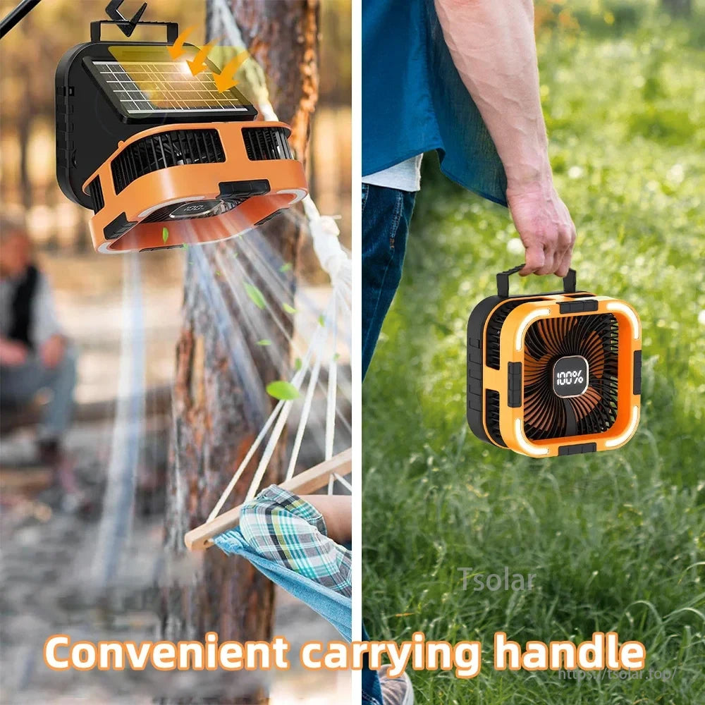 10000mAh Solar Camping Fan, Built-in timer with settings for auto-shutoff to promote restful and battery-efficient sleep.