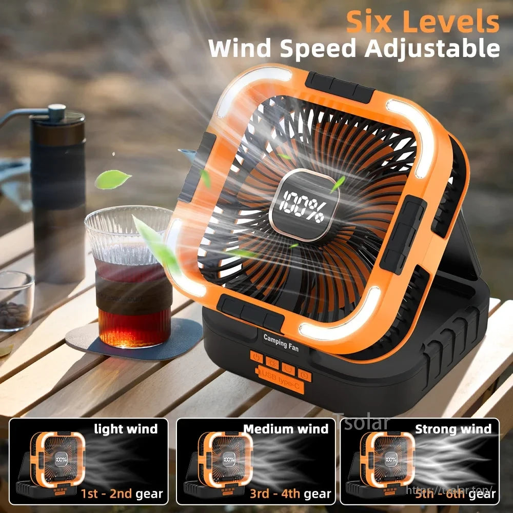 10000mAh Solar Camping Fan, Solar camping fan, 6 adjustable wind speeds, USB Type-C.